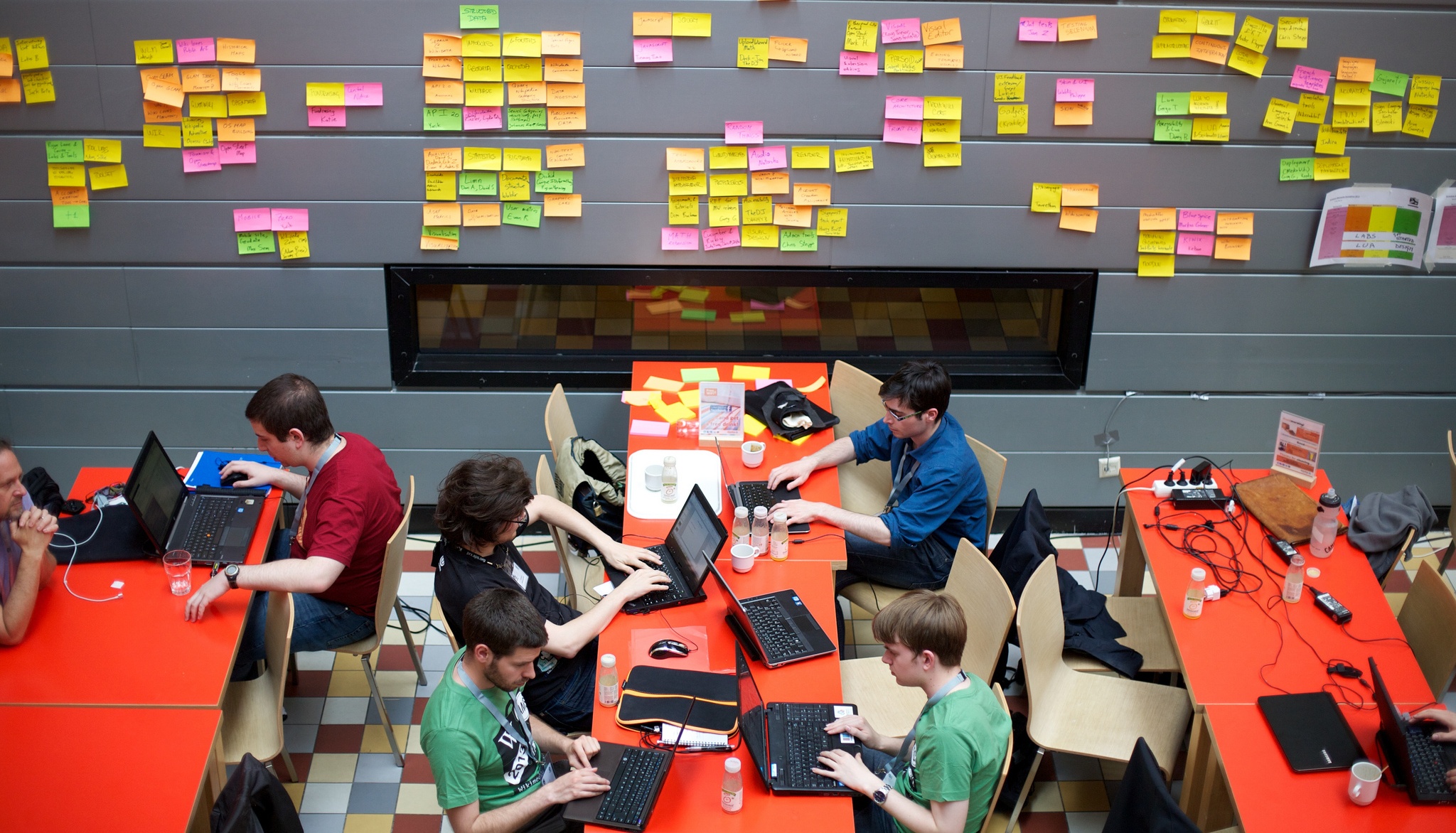 Group of people sitting around a table coding in front of a wall covered in sticky notes displaying the system they're working on.