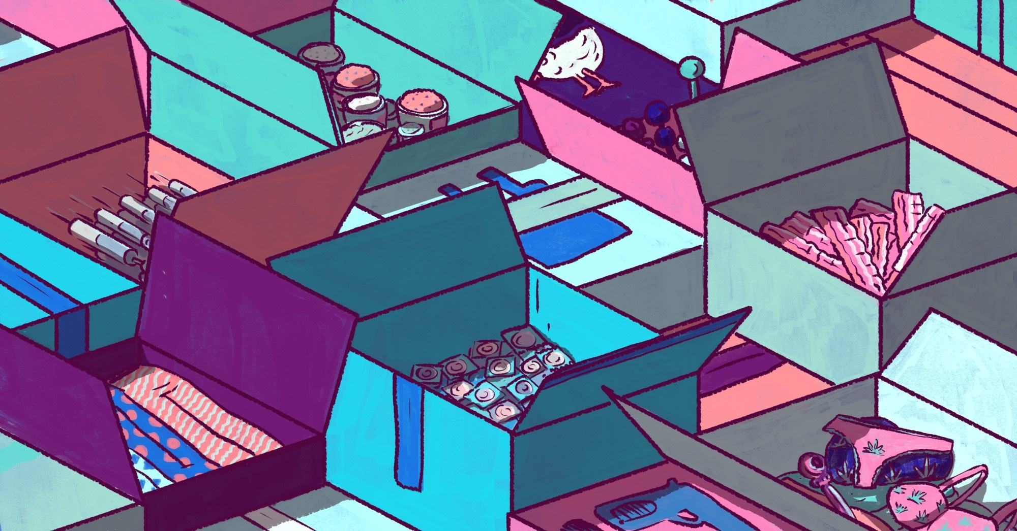 Drawing of various pink, purple and blue subscription boxes on a conveyor belt.